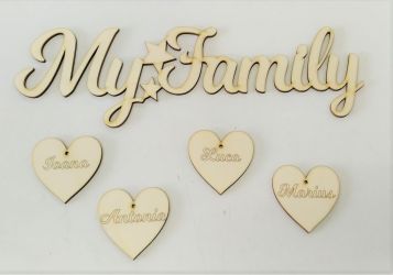 Decoratiun din placaj lemn - My family cu inimi