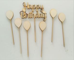Topper din placaj lemn - Happy Birthday cu 6 baloane