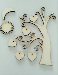 Figurine din placaj lemn: pom, inimi, soare si luna
